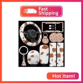 Fiada Bl-fiada-6850 10 Pieces Cow Print Car Accessories Set Fluffy Plush Steering Wheel Co