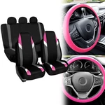 Supreme Modernistic Car Seat Covers Pink Black W/ Silicone Steering Wheel Cover. Fixed Price $43.98.